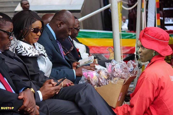 Tourism Minister Walter Mzembi and Health Minister David Parirenyatwa seen here waiting their turn to get ice cream at the Heroes Acre from a photoshopped Grace Mugabe