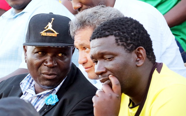 Former Highlanders goalkeepers' coach Cosmos Tsano Zulu (left) chats to head coach Erol Akbay while newly appointed assistant coach Melusi Sibanda looks uninterested in the conversation at Hartsfield Ground
