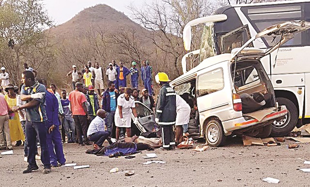The bus and the pirating Toyota Granvia which collided near Zvishavane yesterday