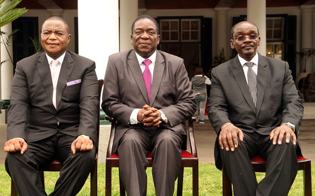 President Mnangagwa flanked by his Vice Presidents General Constantino Chiwenga (Rtd) (left) and Kembo Mohadi after the pair’s swearing-in ceremony at State House in Harare in December 2017. —(Picture by Tawanda Mudimu)