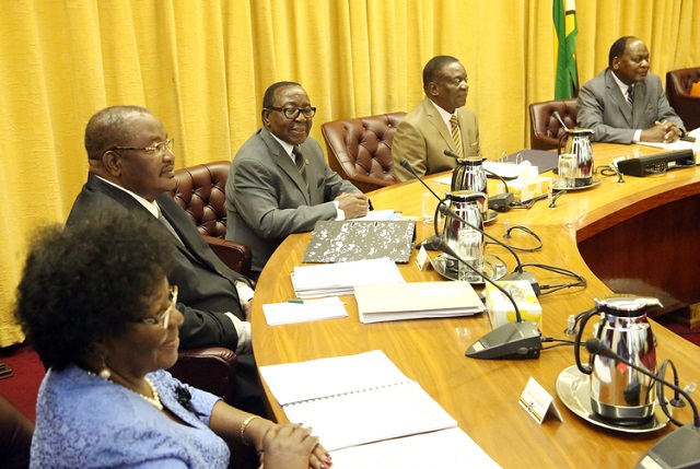 President Emmerson Mnangagwa chairs his inaugural cabinet meeting as Head of State and Government while flanked Ministers Sithembiso Nyoni, Obert Mpofu, Simon Khaya Moyo and Chief Secretary to the President and Cabinet Dr Misheck Sibanda (far right) at Munhumutapa offices in Harare today. - Picture: Believe Nyakudjara