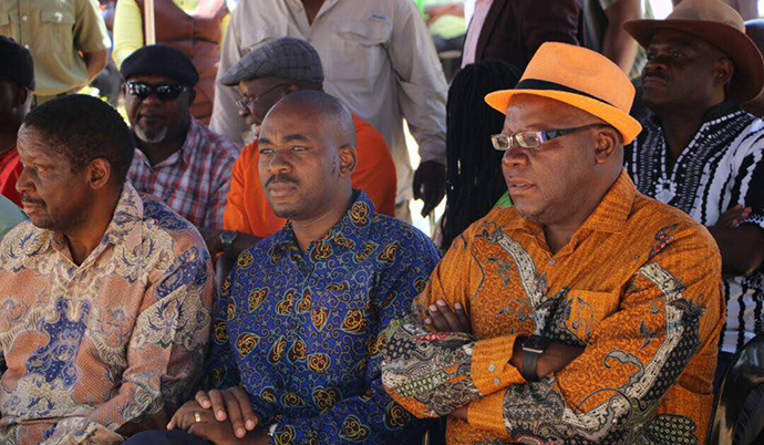 Acting MDC Alliance leader Nelson Chamisa (centre) sandwiched by Agrippa Mutambara and Tendai Biti (right)