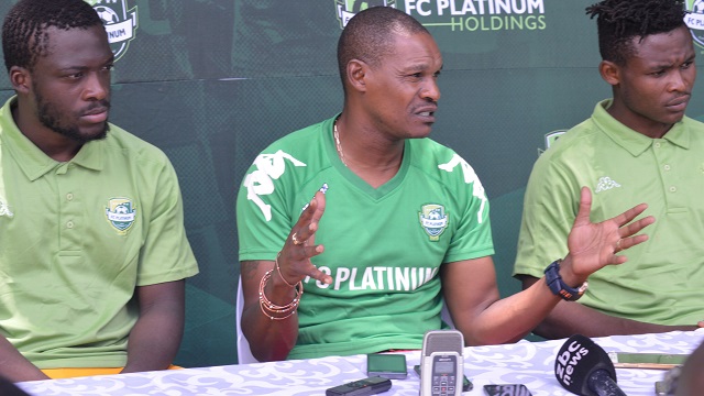 FILE picture of FC Platinum head coach Norman Mapeza centre addressing a press conference at a local lodge, flanked by foreign signings Shadreck Mayembe (left) from Zambia Albert Eonde from Cameroon in 2018.