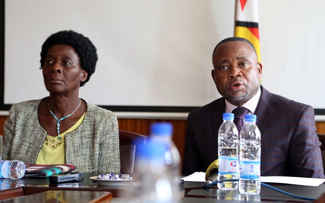 Primary and Secondary Education Minister Professor Paul Mavima, flanked by permanent secretary in the ministry Dr Sylvia Utete-Masango (Picture by Believe Nyakudjara)