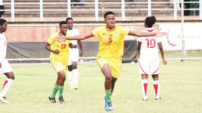 ON CLOUD NINE . . . Zimbabwe’s Emmaculate Msipa celebrates after scoring for the Mighty Warriors against Namibia at Rufaro in April this year — Picture by Tawanda Mudimu