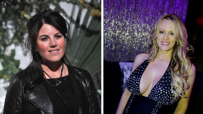 At the centre of a presidential scandal: Monica Lewinsky, left, in the 1990s and Stormy Daniels, right, today