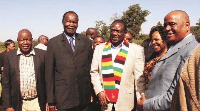 President Mnangagwa, flanked by Zion Christian Church (ZCC) Bishop Nehemiah Mutendi (right), Minister of State for Masvingo Cde Josiah Hungwe, Minister of State for Manicaland Provincial Affairs Cde Monica Mutsvangwa and Special Advisor to the President Ambassador Chris Mutsvangwa follow procedings at Garikai Nyathi’s memorial service in Bikita on Saturday. - Picture by Tawanda Mudimu