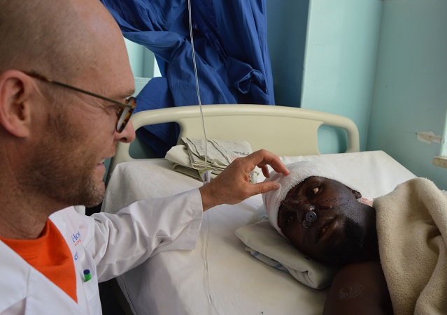 Dr Christiaan Schrag of Operation of Hope medical outreach team from Canada with the patient Newston Ngando whose nose they restored during the group’s medical outreach programme at Mpilo Hospital yesterday. — (Pictures by Dennis Mudzamiri)