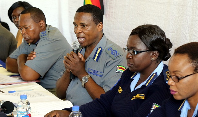 >Commander 2018 ZRP harmonised elections committee to the Commissioner General of Police, Senior Assistant Commissioner Erasmus Makodza addresses journalists on the force’s readiness ahead of the 2018 harmonised elections in Bulawayo yesterday. Following proceedings (from left) are Assistant Commissioners, Jimmy Khumalo, Theresa Mtabeni and Sithulisiwe Mthimukhulu