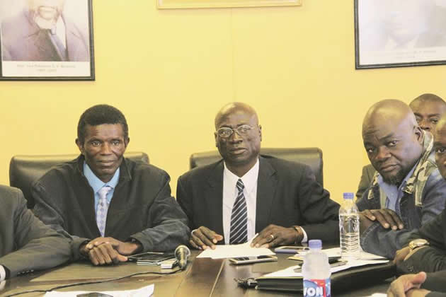 File picture of Zanu-PF Midlands chairman Daniel Mackenzie Ncube (centre) addressing a Press conference while Mashonaland West provincial chairman Ephraim Chengeta (left) and Masvingo chairman Amasa Nhenjama look on in Harare in this July 2016 photo. — (Picture by Innocent Makawa)