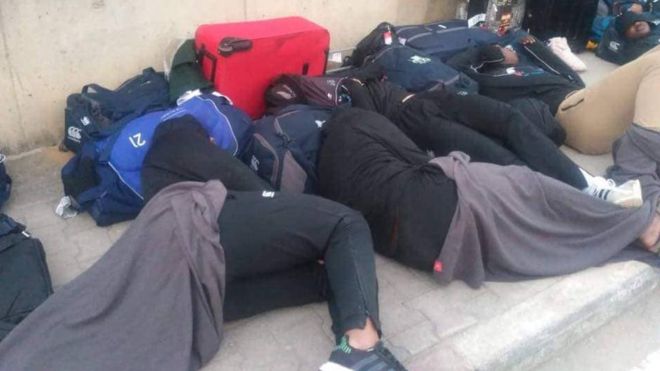 The players slept outside after complaining about the accommodation