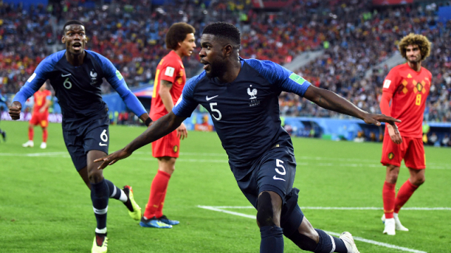 France defender Samuel Umtiti celebrates his goal