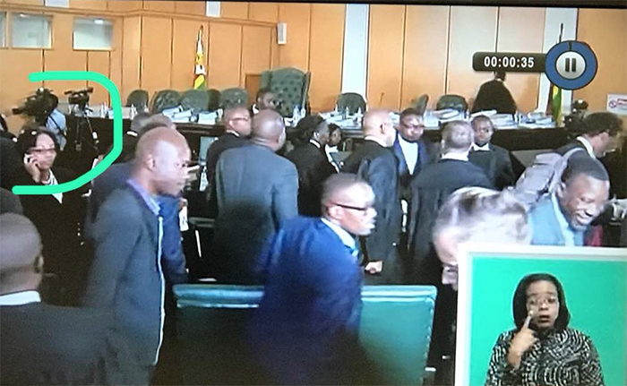 Edmund Kudzayi: "Justice Chigumba and her friends have their own rules. No devices for the opposition but there she is on the phone. This country need a fresh pair of hands, the rule of law not the rule of men."