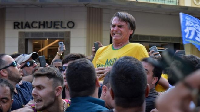 Presidential candidate Jair Bolsonaro pictured after being stabbed in the stomach