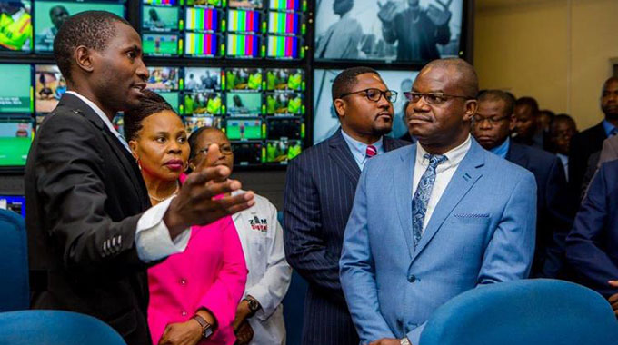 Engineer Mudzamba of ZBC gives a briefing inside one of the HD digital studios to Information, Publicity and Broadcasting Services Minister Monica Mutsvangwa (second from left), her deputy Energy Mutodi and the permanent secretary in the ministry Mr Nick Mangwana at Pockets Hill in Harare