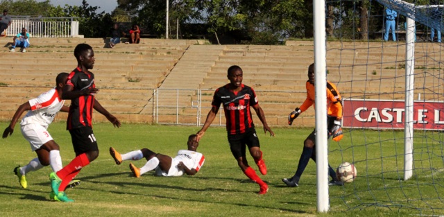 Chicken Inn midfielder Clemence Matawu scores the equalising goal.