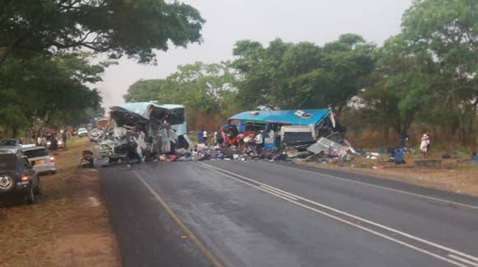 The wreckages of Bolt Cutter and Smart Express buses that collided head-on at the 166km peg along the Harare-Mutare Highway, killing 47 people and leaving 70 others injured yesterday evening