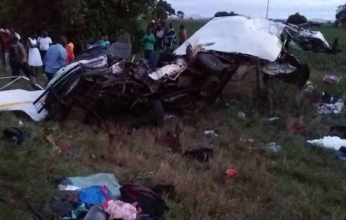 ELEVEN people died on spot and several others were seriously injured yesterday when two commuter omnibuses collided head-on along the Harare-Nyamapanda highway