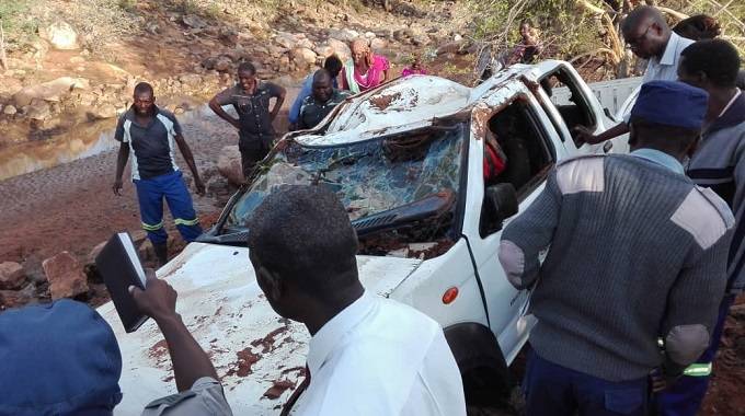 The Ministry of Primary and Secondary Education vehicle that was swept off a bridge in Gwanda on Monday