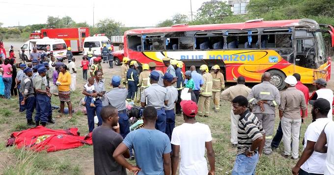 Two people died on the spot while several others were injured when a Blue Horizon bus driver lost control of the bus and it landed on its side at Cement Siding along the Bulawayo-Harare Road.(Picture by Eliah Saushoma)
