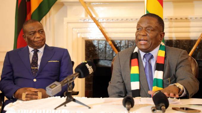 President Emmerson Mnangagwa and his deputy Dr Constantino Chiwenga during a press conference at State House last night. Picture by John Manzongo