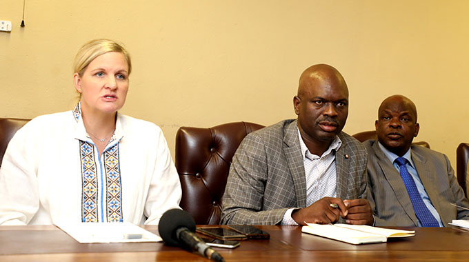 NO, THANK YOU . . . Youth, Sport, Arts and Recreation Minister Kirsty Coventry (left) addresses the media in the presence of ZIFA boss Felton Kamambo in Harare yesterday, where the Government announced the country would not host this year’s COSAFA Cup