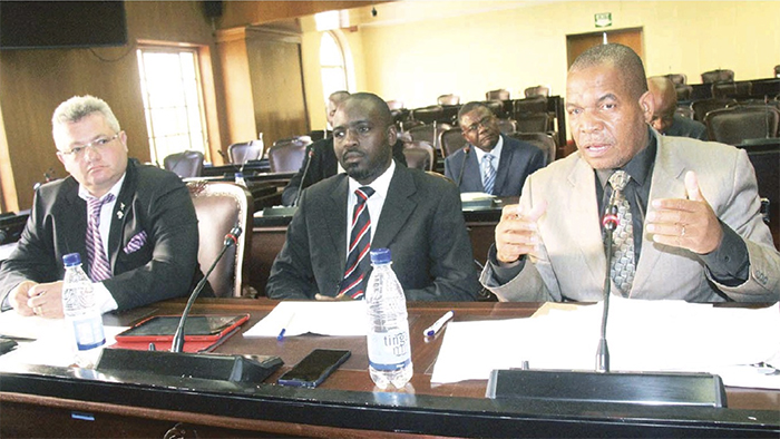 Ex Zinara boss Albert Mugabe (centre) and Moses Juma (right) appearing before a Parliamentary Portfolio Committee in 2016