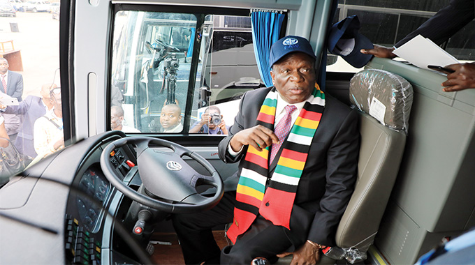 President Mnangagwa commissions the newly acquired Zupco buses in Belvedere, Harare, yesterday. — (Picture by Tawanda Mudimu)