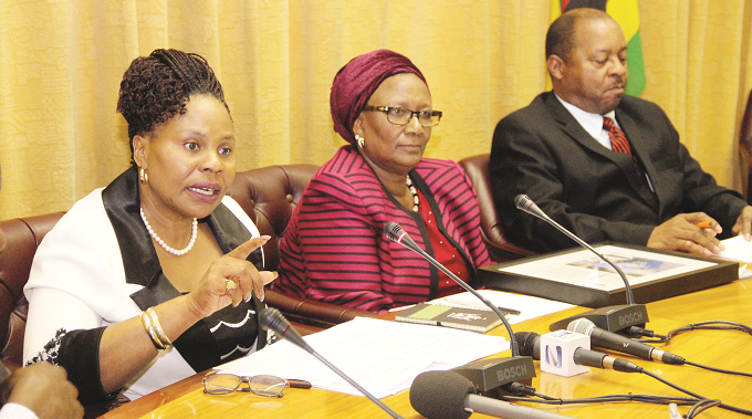 Information, Publicity and Broadcasting Services Minister Monica Mutsvangwa addresses journalists