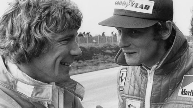 Lauda (right) and his rival, British driver James Hunt, in 1974