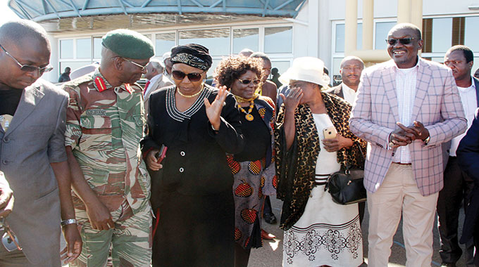 Vice President Kembo Mohadi (right) with Bulawayo Provincial Minister of State Cde Judith Ncube, Women Affairs, Small and Medium Enterprises Development Minister Cde Sithembiso Nyoni as well as Defence and War Veterans Minister Cde Oppah Muchinguri-Kashiri at the Joshua Mqabuko Nkomo International Airport in Bulawayo yesterday. (Picture by Obey Sibanda)