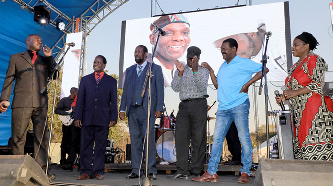 The “Old Guard” . . . Charles Charamba (extreme left) is joined on stage by (from left) Machanic Manyeruke, Zexie Manatsa, Bob Nyabinde and Albert Nyathi