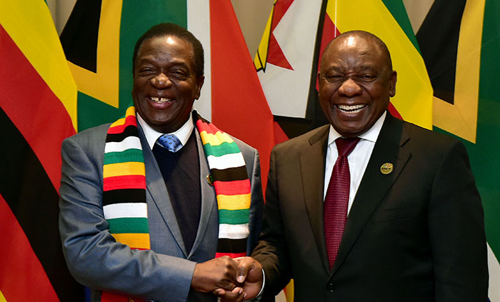 South African President Cyril Ramaphosa holds a bilateral meeting with President Emmerson Mnangagwa of the Republic of Zimbabwe on the sidelines of the 10th BRICS Summit taking place at the Sandton International Convention Centre, Johannesburg 26/7/2018 Kopano Tlape GCIS