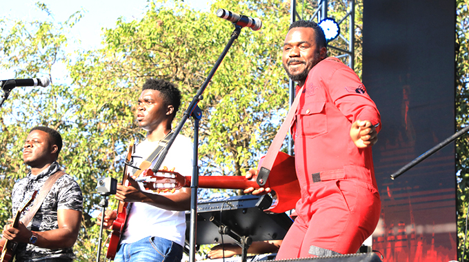 Bekezela Nkomo (in red) performs at Jacaranda Music Festival in Harare. —Picture: Tawanda Mudimu