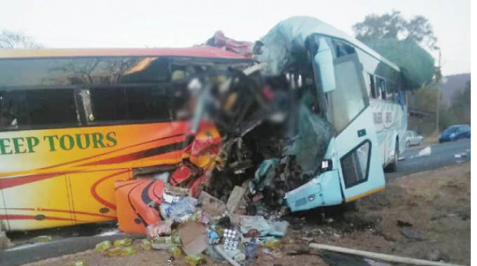The wreckages of the two buses that were involved in a head-on collision at the 232km peg between Kwekwe and Gweru yesterday