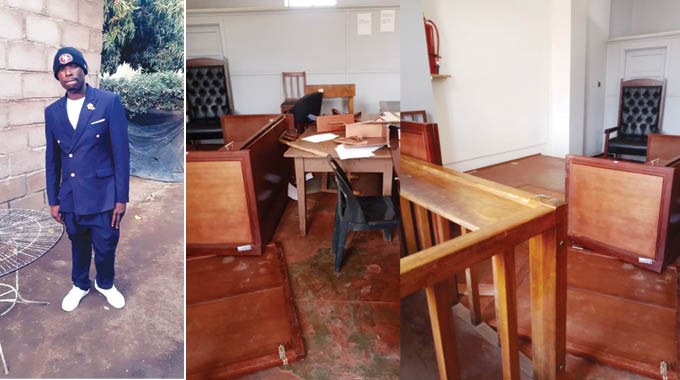 Tichaona Chacha left a trail of destruction at the Kwekwe magistrates’ courts after he vandalised property demanding that he be set free as he was not the one behind the crimes that he was convicted of