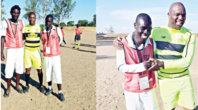 Former Highlanders and Warriors striker, Zenzo Moyo, (right picture) and on left photo former AmaZulu and Warriors defender, Herbert Dick pose for pictures with Khami Prison inmates during a football match at the prison complex recently