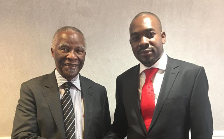 Former South African President Thabo Mbeki seen here with Zimbabwean opposition leader Nelson Chamisa