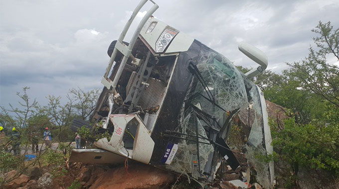 THREE people died on the spot while several others were seriously injured yesterday when a long-distance Zimbabwe United Passenger Company (Zupco) bus veered off the road and overturned near Bulawayo.