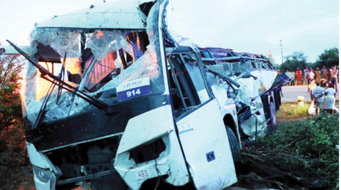 THREE people died on the spot while several others were seriously injured yesterday when a long-distance Zimbabwe United Passenger Company (Zupco) bus veered off the road and overturned near Bulawayo.