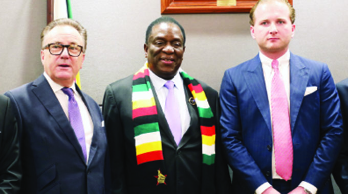 President Emmerson Mnangagwa flanked by Holtholding Group Director General Heinz Luchterhand (left) and German businessman Dr Hendrik Holt during a courtesy call at his Munhumutapa offices in Harare. — Picture: Innocent Makawa