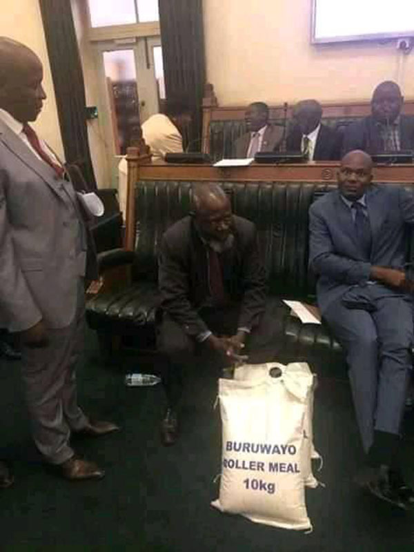 Zanu PF Buhera South legislator Joseph Chinotimba caused havoc in Parliament on Tuesday after he walked in with three bags of 10kg maize meal branded "Buruwayo Roller Meal."