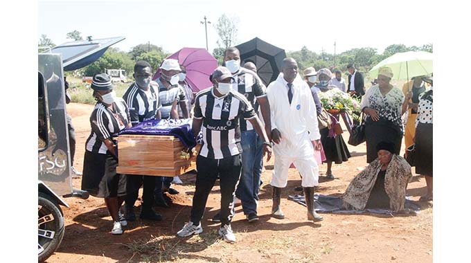 Pallbearers carry the coffin bearing the body of Highlanders FC fan Lubelihle Maphosa who was laid to rest at Athlone Cemetery in Bulawayo yesterday