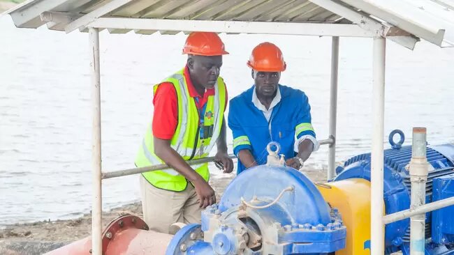 Maamba Collieries staff inspect the new pump station on Lake Kariba. PHOTO: Supplied by Maamba Collieries
