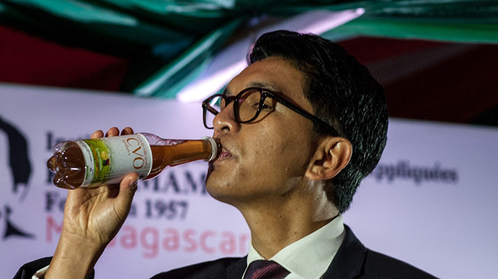 President Andry Rajoelina took a sip at the launch of Covid-Organics [Henitsoa Rafalia/Anadolu]