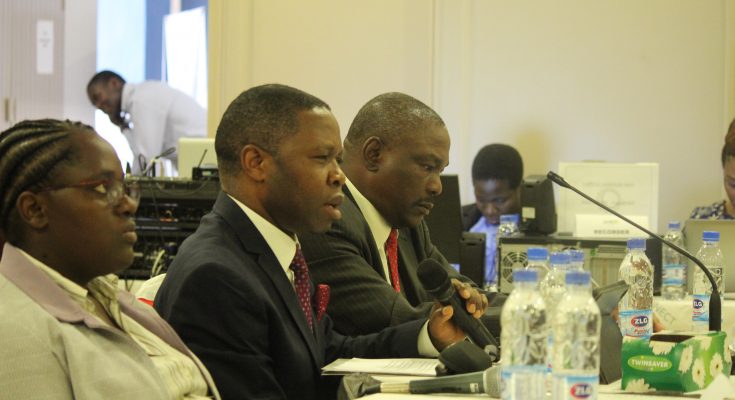 Registrar General, Mr Clement Masango (M) and Permanent Secretary in the Ministry of Home Affairs Mr Aaron Nhepera (R) appearing before the Zimbabwe Human Rights Commission in Harare (Picture by Spiked.co.zw)