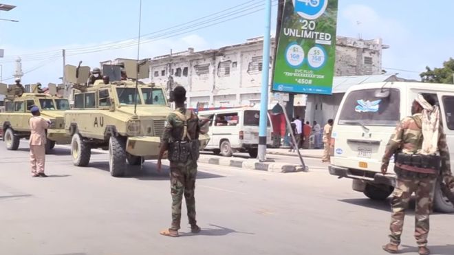 Local TV footage shows soldiers blocking African Union peace keeping forces