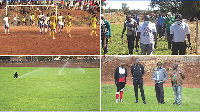 THEN AND NOW…This picture combo shows (top left) the state of the Wadzanai Stadium playing surface in October last year, the changes that could be seen in April this year, the transformation of the pitch into a lush green surface and giving the inspection team of Simba Bhora director, Simba Ndoro (right), former Premier Soccer League fixture secretary, Beadle Musa Gwasira ( from left) and Zimbabwe National Soccer Supporters Association consultant Gladman “Dallas’’ Sekawawana (left) something to smile about during a visit to the stadium in Shamva on Saturday