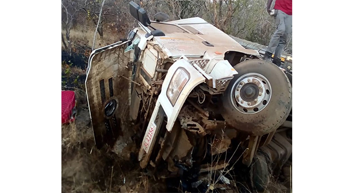 A Zambian truck that overturned after the driver lost control before it veered off the road near Matetsi Bridge between Victoria Falls and Hwange last week
