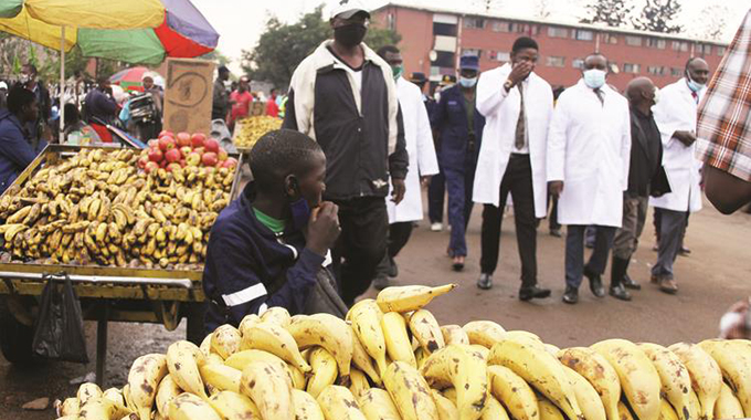 A vendor sells bananas as the provincial development coordinator and City of Harare delegation conduct a tour of Mupedzanhamo market yesterday. — Picture: Innocent Makawa